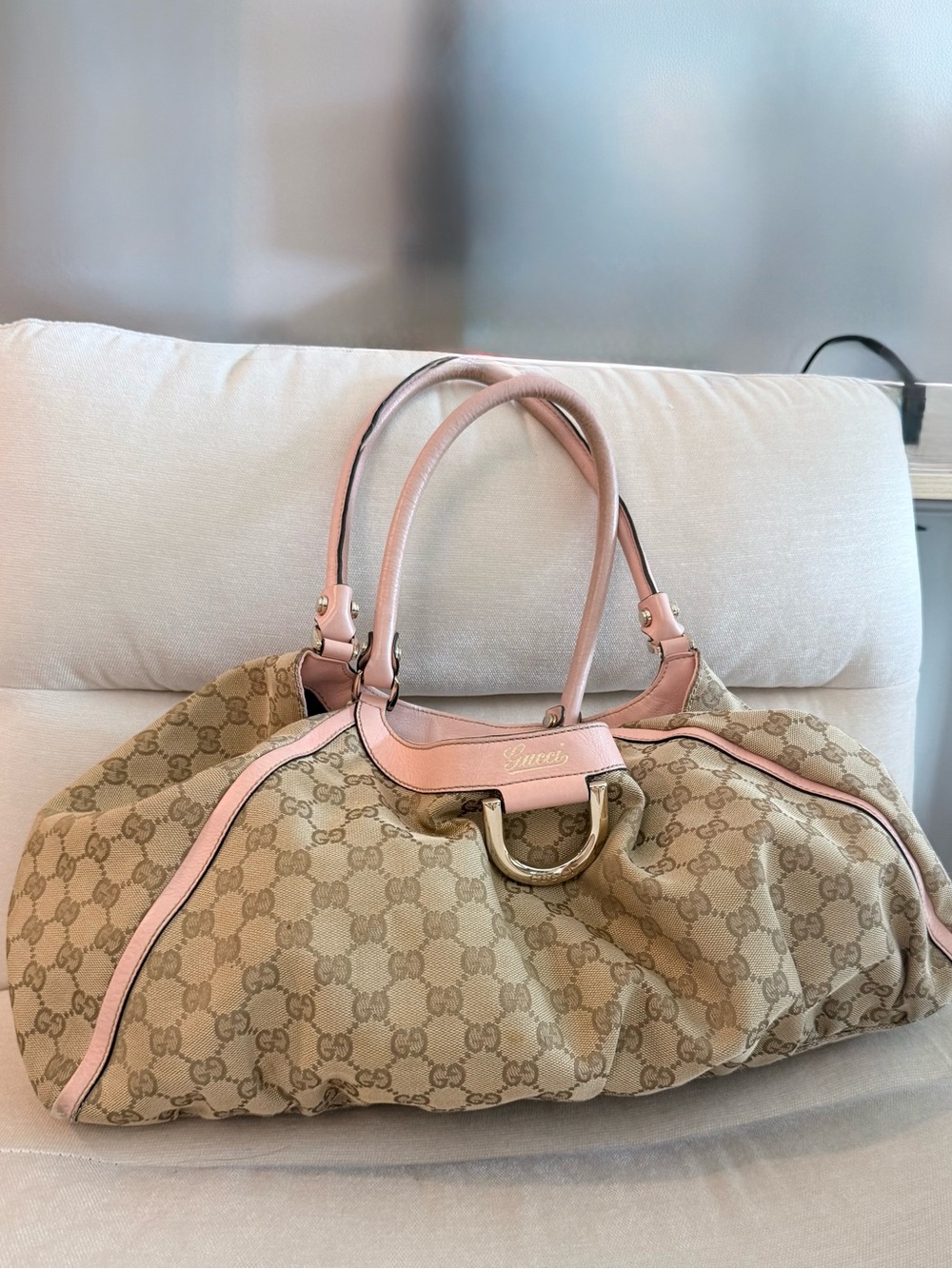 Gucci Abbey Canvas Tote with Pink Leather Trim and Gold Hardware